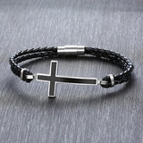 Men Sideways Cross Charm Braided Leather Bracelet