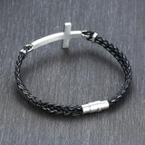 Men Sideways Cross Charm Braided Leather Bracelet