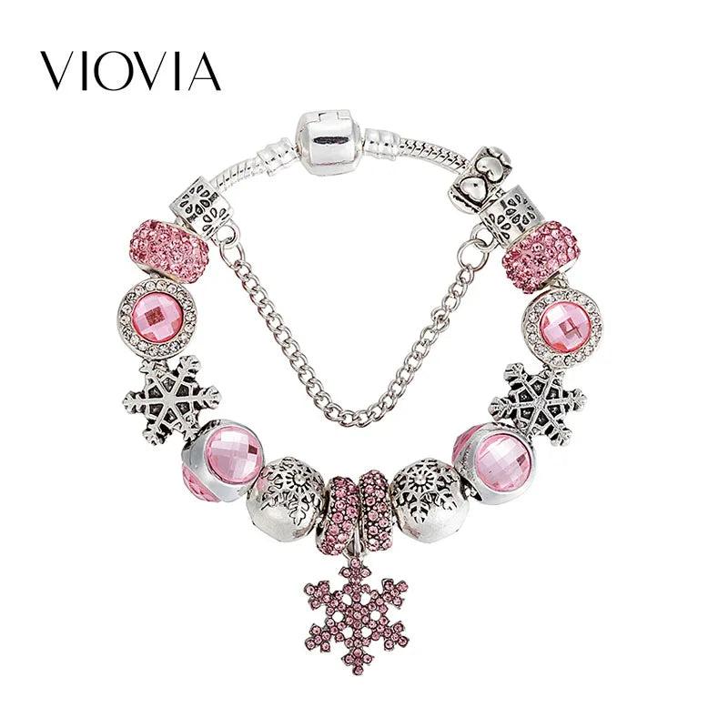 Snowflake Pink Rhinestone Bracelet for Womens Christmas Jewelry