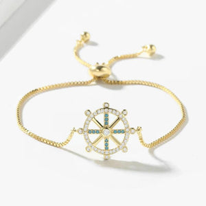 Gold-Plated CZ Round Helm Rudder Charm Bracelet