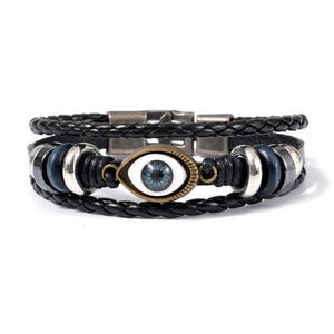Evil Eye Round Beads Leather Bracelet For Men