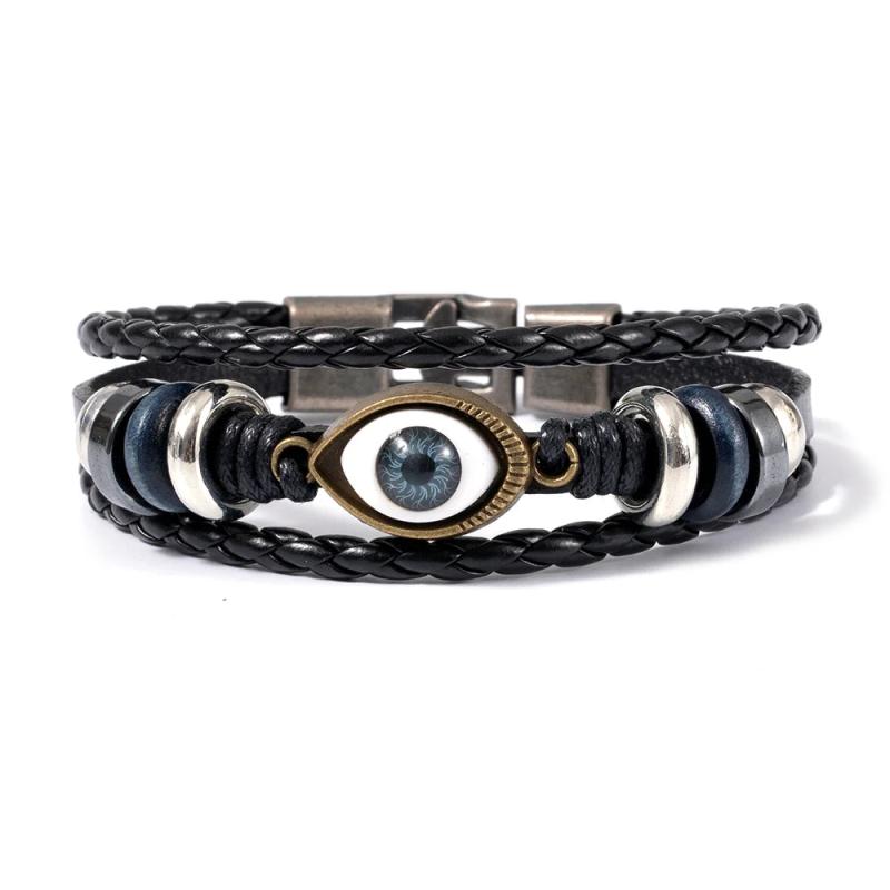 Evil Eye Round Beads Leather Bracelet For Men