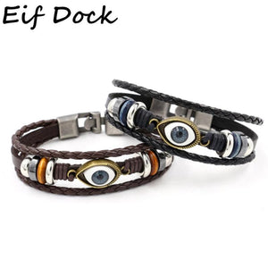 Evil Eye Round Beads Leather Bracelet For Men