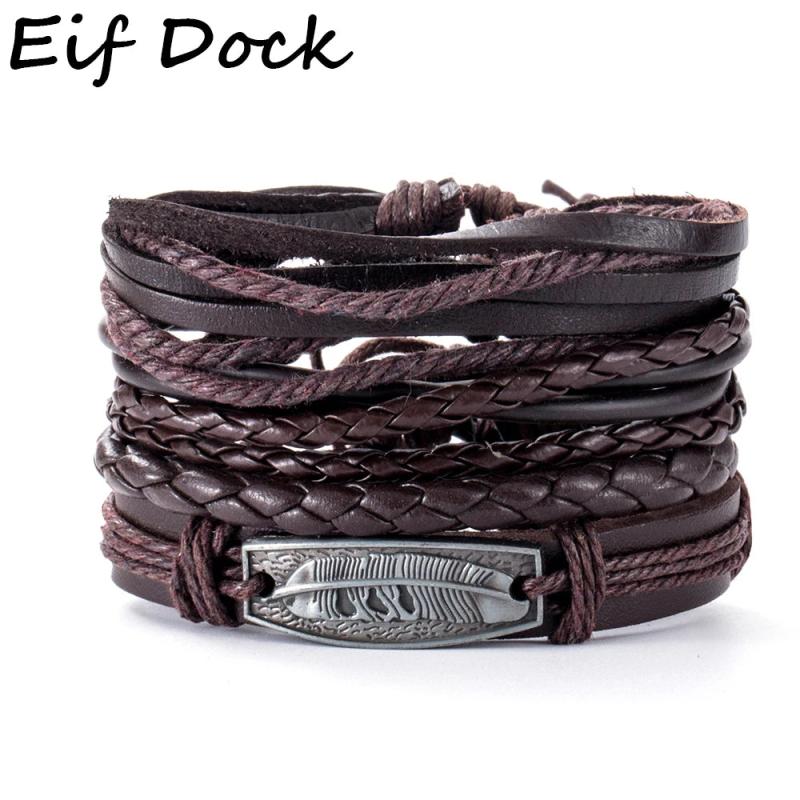 Vintage Leather Bracelet Set Charm Leaf Feather Wrap