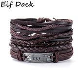 Vintage Leather Bracelet Set Charm Leaf Feather Wrap