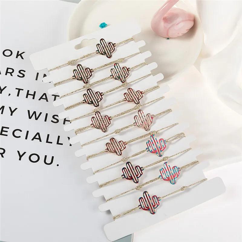 Cactus Charm Woven Bracelet Set for Women Girl Summer Jewelry