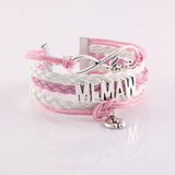 5 Styles Infinity Love MEMAW Bracelet Heart Feet Charm Leather Wrap Bracelets