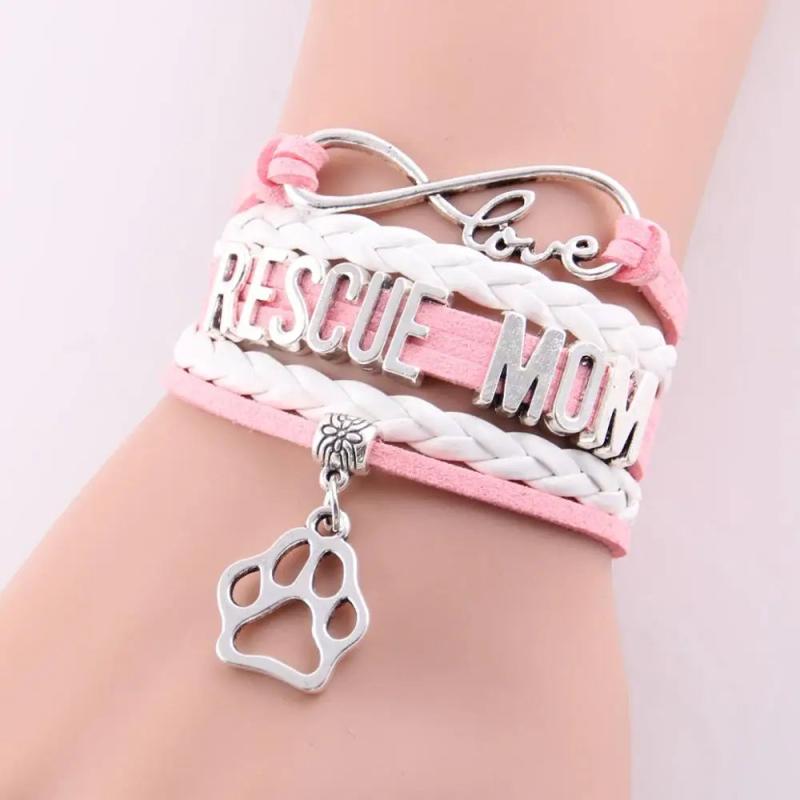 Minglou 3 Colors Infinity Love Rescue Mom Bracelet Dog Paw Charm Leather Wrap