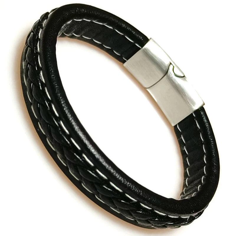 Men's Leather Bracelet Stainless Steel Clasp Wrap Bangle