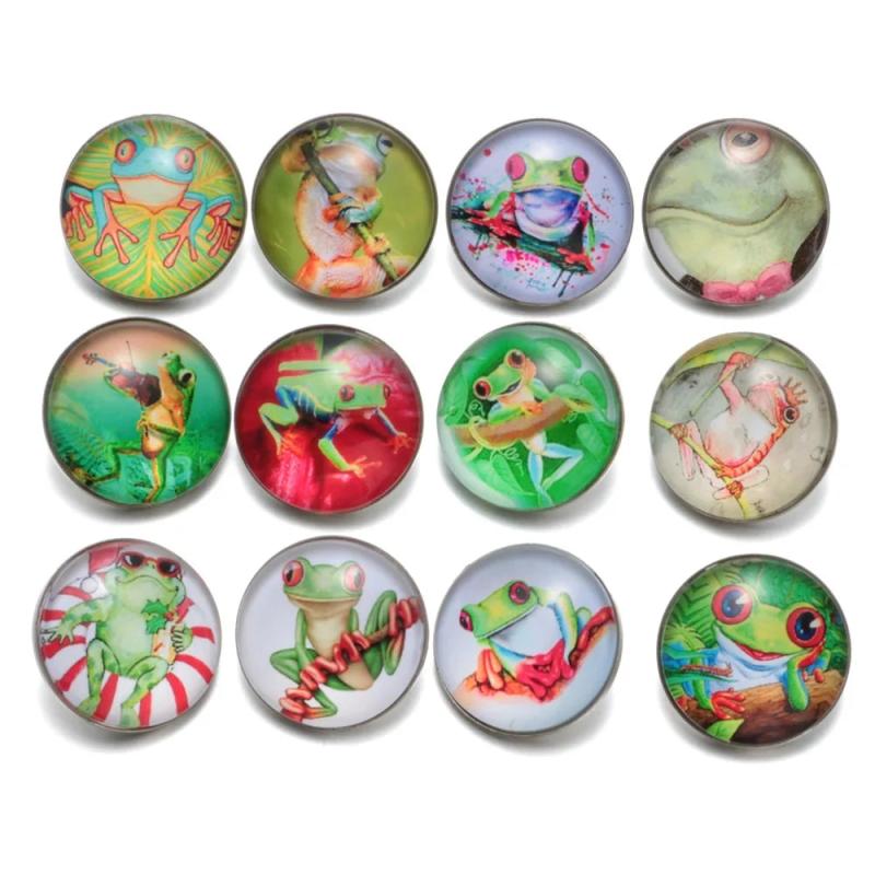 12pcs Tree Frog Pattern Glass Charm 18mm Snap Button Jewelry KZ0476