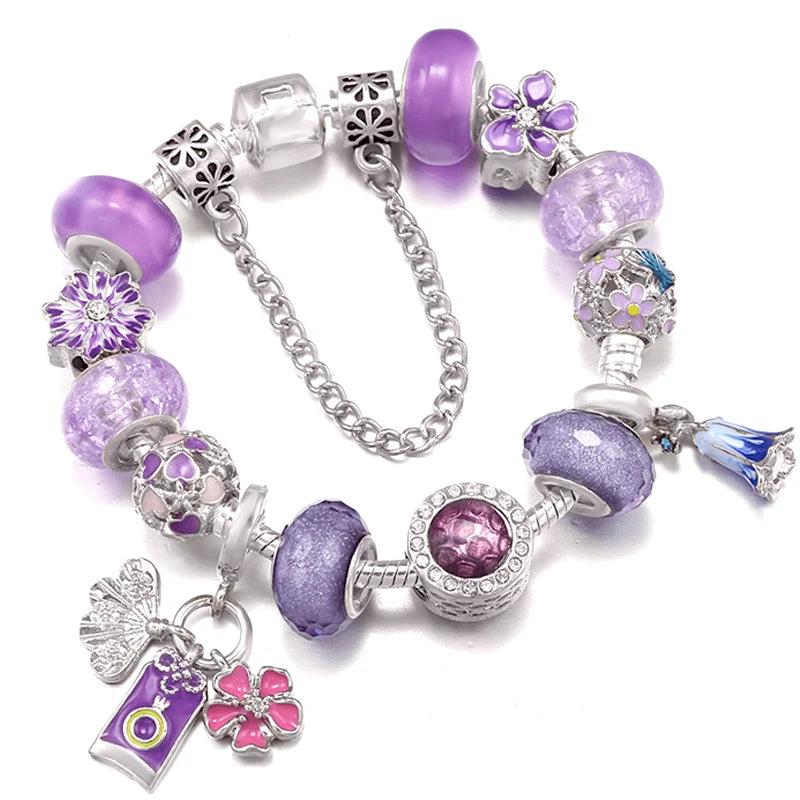 Purple Flower & Bell Flower & Butterfly Beads With Pendant For Charm Bracelet