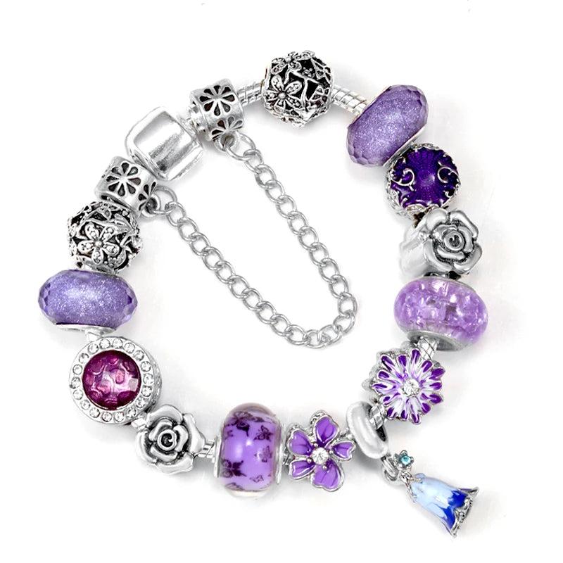 Purple Flowers Beads Pendant Charm Bracelet DIY Jewelry Gift