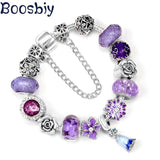 Purple Flowers Beads Pendant Charm Bracelet DIY Jewelry Gift