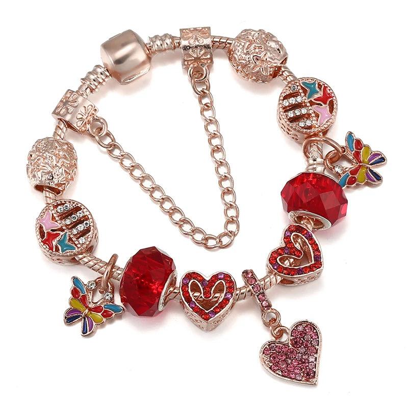 Pink Pave Hearts Beads Colorful Butterfly Pendant Charm Bracelet
