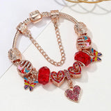 Pink Pave Hearts Beads Colorful Butterfly Pendant Charm Bracelet