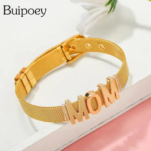 Plated MOM Beads Charm Bracelets For Women Stainless Steel Mesh Bangle