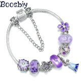 Purple Flowers & Vine Bead With LOVE Heart Charm Bracelet Jewelry