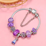 Purple Flowers & Vine Bead With LOVE Heart Charm Bracelet Jewelry