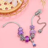 Purple Flowers & Vine Bead With LOVE Heart Charm Bracelet Jewelry