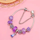 Purple Flowers & Vine Bead With LOVE Heart Charm Bracelet Jewelry