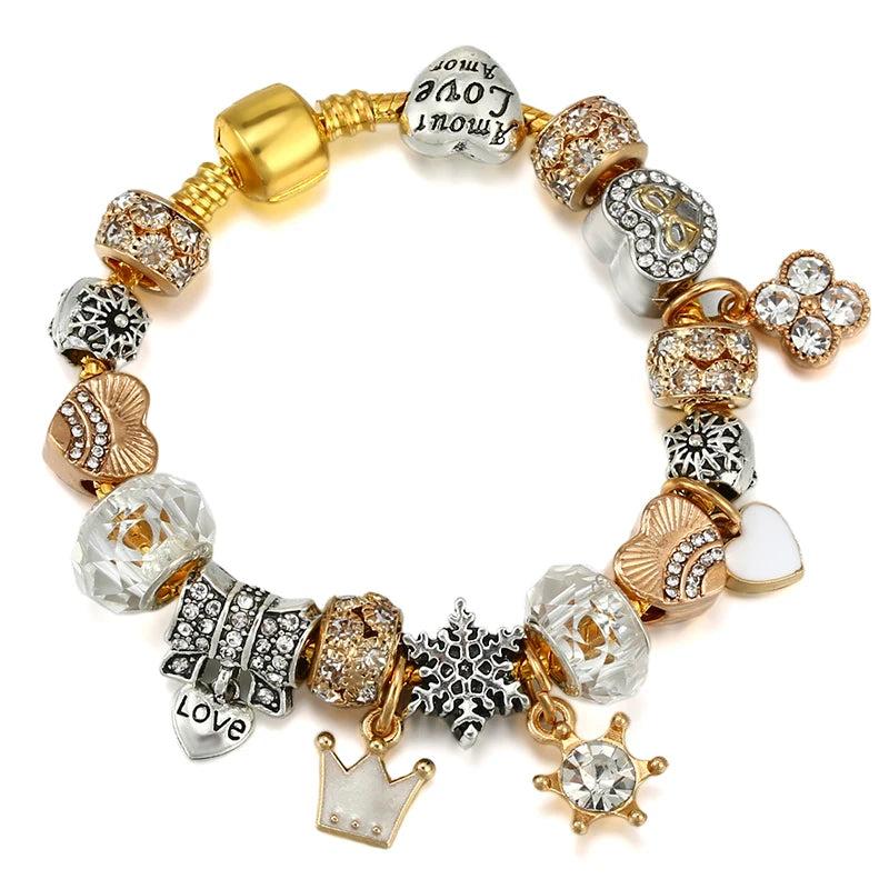 Heart Beads Crown Pendant Bracelet with Snake Chain Jewelry