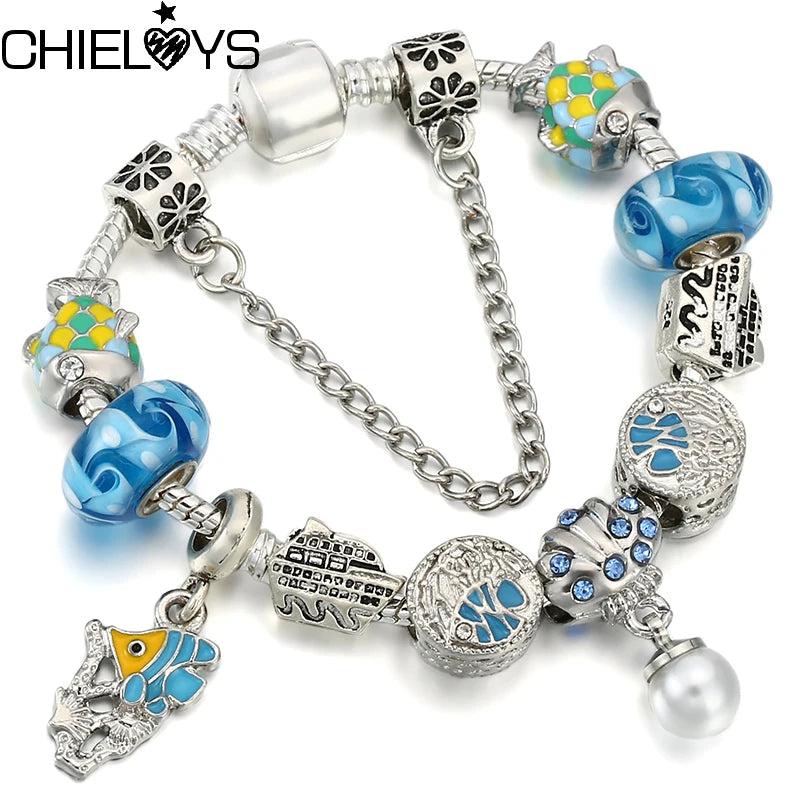 Enamelled Fish Beads Bracelet with Pearl Pendant