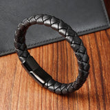Men's Leather Braid Bracelet Stainless Steel Clasp Charm Jewelry