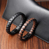Men's Leather Braid Bracelet Stainless Steel Clasp Charm Jewelry