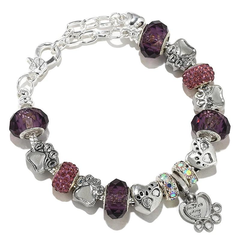 Purple Glass Bead Dog Paw Charm Pendant for Bracelet DIY