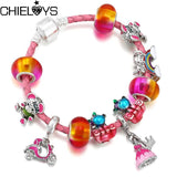 Pink Leather Bracelet Princess Dress Pendant Unicorn Charm Bracelet