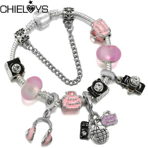 Pink Travel Bag Headset Charm Beads DIY Snake Chain Bracelet