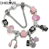 Pink Travel Bag Headset Charm Beads DIY Snake Chain Bracelet