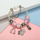 Pink Travel Bag Headset Charm Beads DIY Snake Chain Bracelet