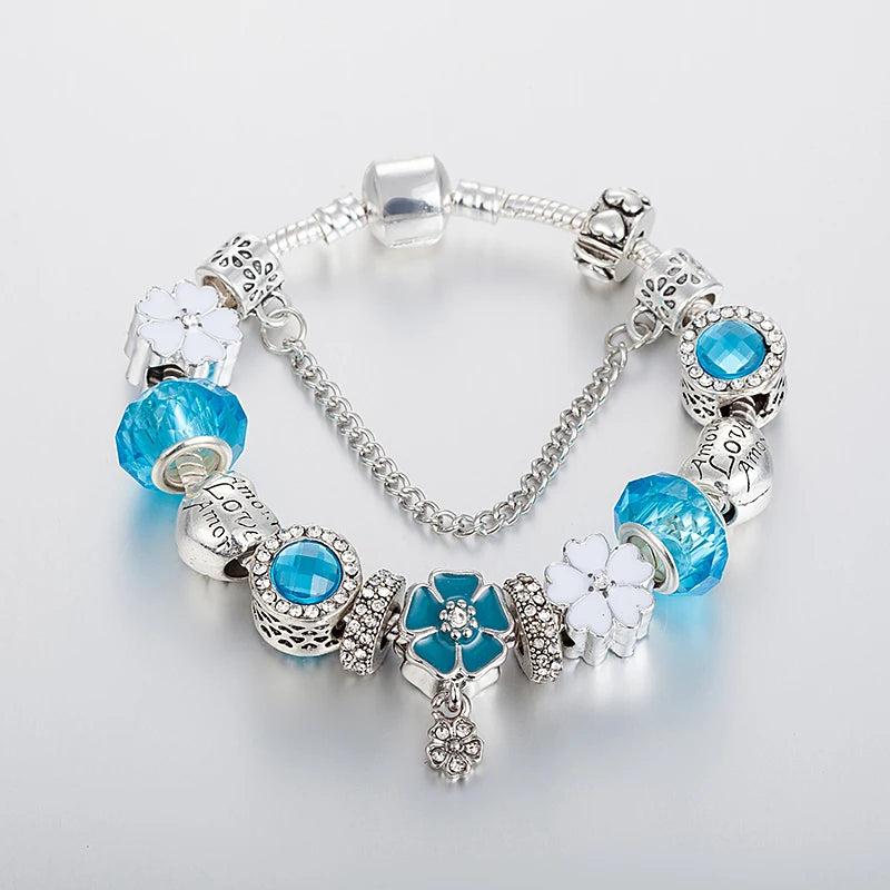 Crystal Flower Charm Bracelet Heart Bead Silver Women Girl Jewelry