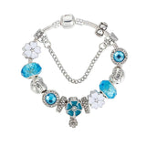 Crystal Flower Charm Bracelet Heart Bead Silver Women Girl Jewelry