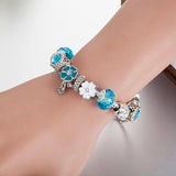 Crystal Flower Charm Bracelet Heart Bead Silver Women Girl Jewelry