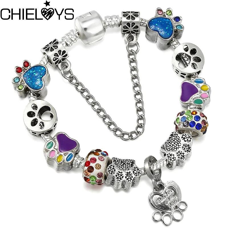 Vintage Dog Paw Beads Charm Bracelet for Women