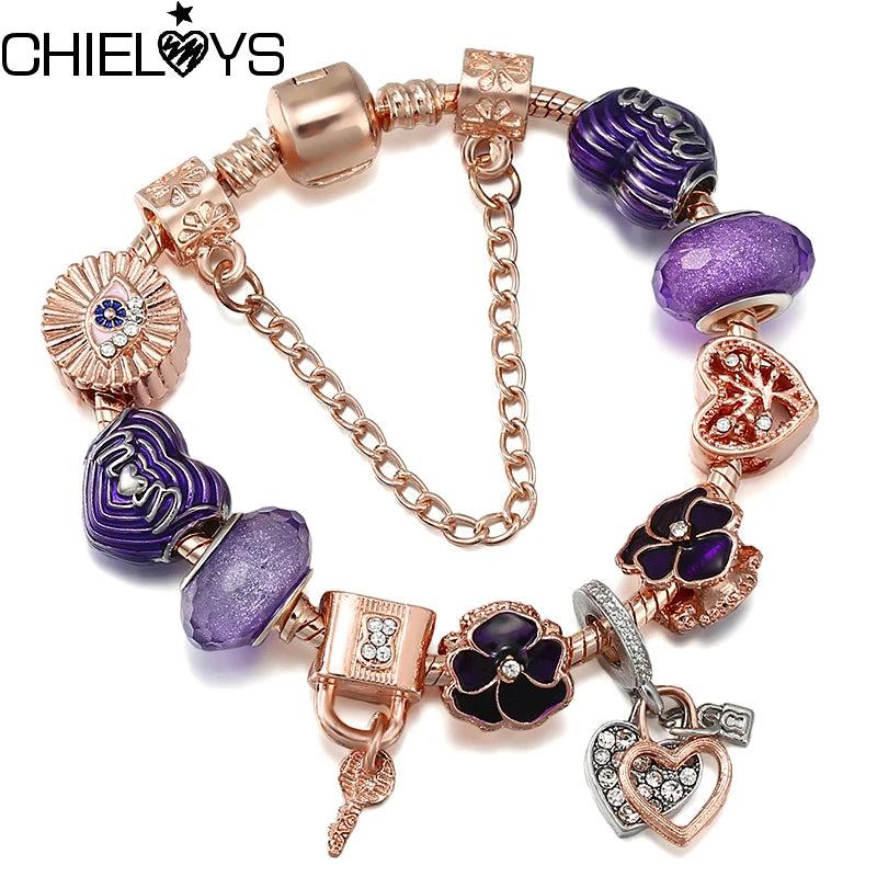 Dark Purple Pansy Beads Charm Bracelet Heart Lock Pendant Jewelry Gift
