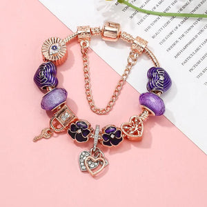 Dark Purple Pansy Beads Charm Bracelet Heart Lock Pendant Jewelry Gift