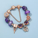 Dark Purple Pansy Beads Charm Bracelet Heart Lock Pendant Jewelry Gift