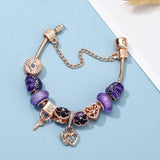 Dark Purple Pansy Beads Charm Bracelet Heart Lock Pendant Jewelry Gift