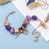Dark Purple Pansy Beads Charm Bracelet Heart Lock Pendant Jewelry Gift
