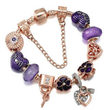 Dark Purple Pansy Beads Charm Bracelet Heart Lock Pendant Jewelry Gift