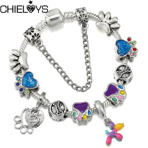 Vintage Crystal Dog & Paw Beads Charm Bracelet DIY Jewelry Gift
