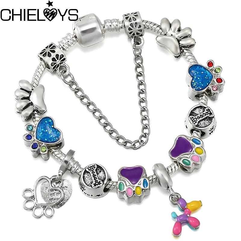 Vintage Crystal Dog & Paw Beads Charm Bracelet DIY Jewelry Gift