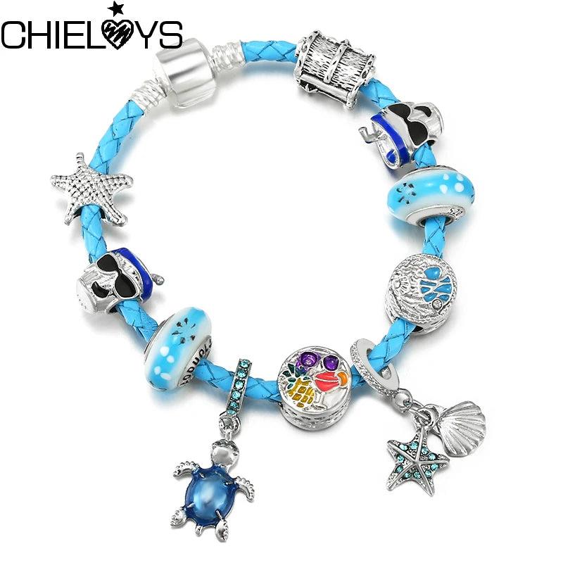 Leather Chain Turtle Shell Beads Bracelet Jewelry Gift