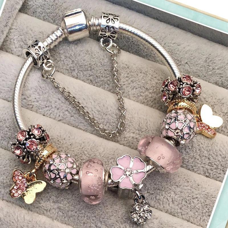 Crystal Pink Beads Charm Bracelet for Women