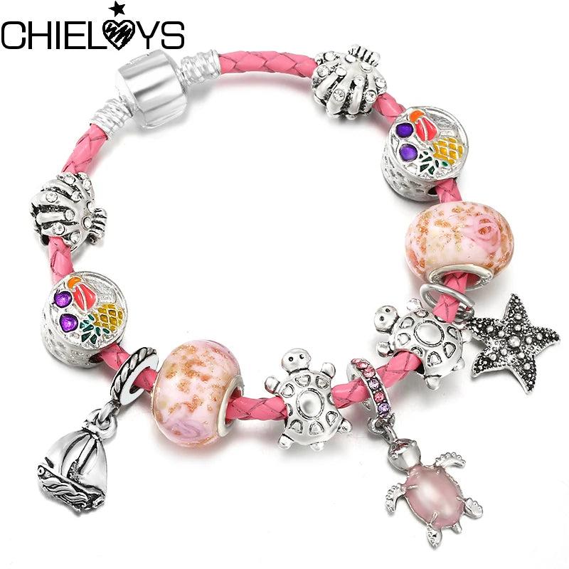 Pink Leather Chain Charm Bracelet with Turtle Shell - Summer Jewelry Gift