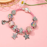 Pink Leather Chain Charm Bracelet with Turtle Shell - Summer Jewelry Gift