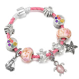 Pink Leather Chain Charm Bracelet with Turtle Shell - Summer Jewelry Gift